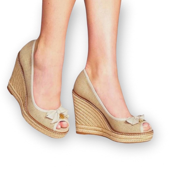 Tory Burch Shoes - Tory Burch Jackie Woven Textile Peep-Toe Espadrille Wedge with 3" Heel Size 10